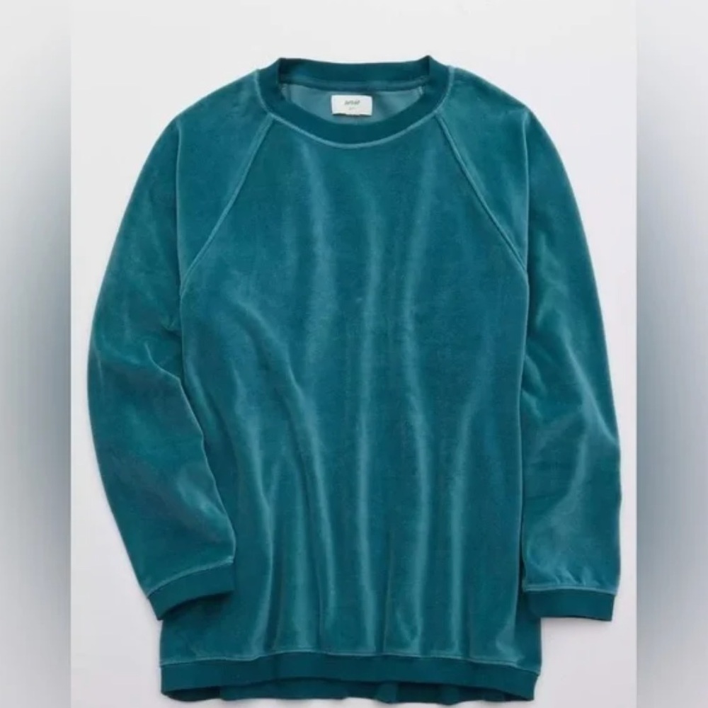 Aerie Real Obsessed Velour Crew Neck Sweatshirt Teal Oversized